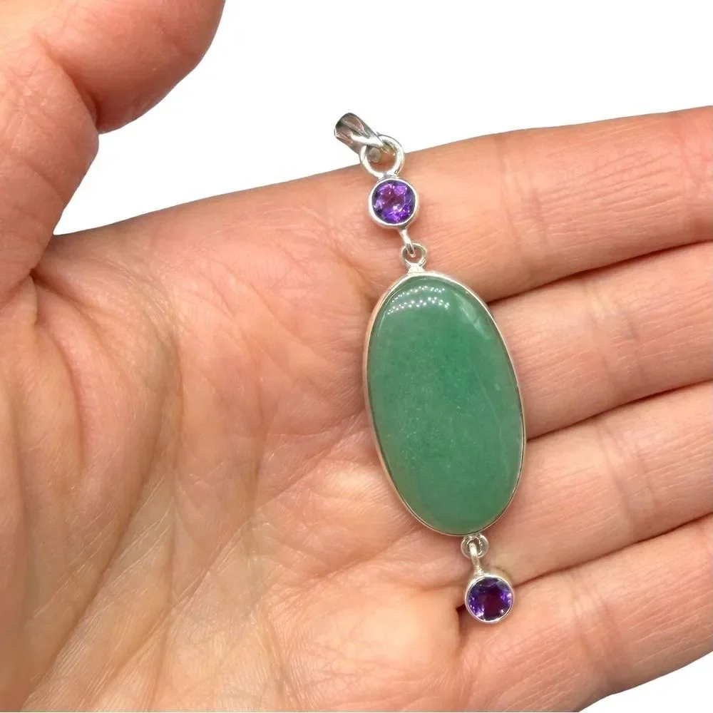 Green Aventurine & Amethyst Necklace Pendant Solid 925 Sterling Silver